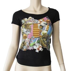 MANGO JEANS Multi Color Print Black Short Sleeve Casual T-Shirt XS